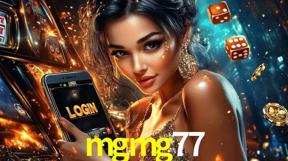 Mulher glamourosa segurando um celular com a tela de login do cassino mgmg77, rodeada por dados e moedas douradas, pronta para começar a diversão.