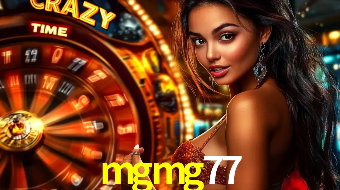 Mulher ao lado da roda de prêmios do jogo de cassino ao vivo Crazy Time, um dos shows de jogos mais emocionantes oferecidos pela plataforma de apostas mgmg77.