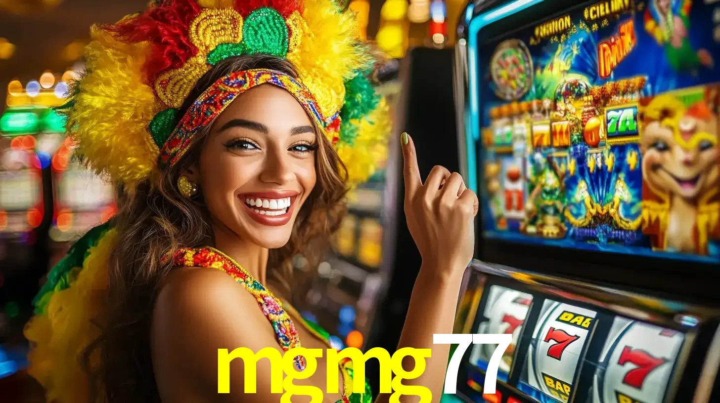 Mulher animada com um cocar de carnaval apontando para uma máquina de caça-níqueis, mostrando a emoção de ganhar um grande prêmio nos jogos do mgmg77.