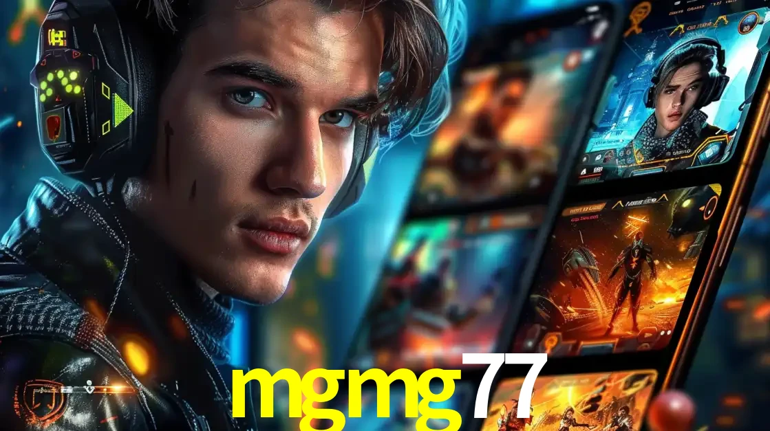 Jovem jogador com fones de ouvido olhando para a câmera, com um aplicativo de jogos e e-sports para celular ao fundo, pronto para a competição e apostas no mgmg77.