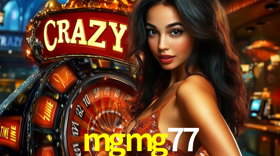 Mulher glamourosa olhando para a câmera com a roda vermelha do Crazy Time ao fundo em um ambiente de cassino, destacando a emoção dos jogos ao vivo no mgmg77.