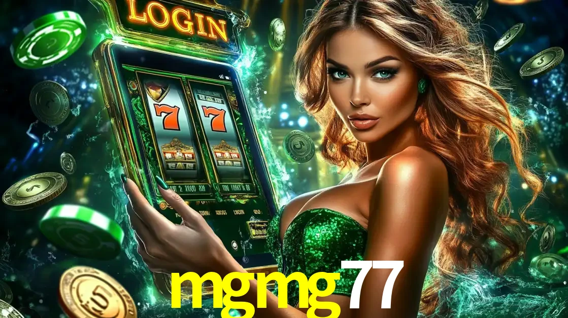 Mulher com tema verde apresentando o aplicativo do cassino mgmg77 com um jogo de slot de 777, cercada por fichas de cassino e uma aura de sorte.