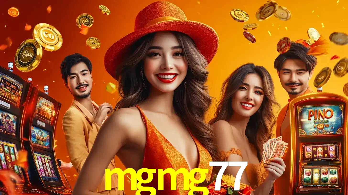 Grupo de amigos asiáticos sorrindo e se divertindo com máquinas de caça-níqueis em um ambiente festivo, celebrando suas vitórias nos jogos de cassino do mgmg77.