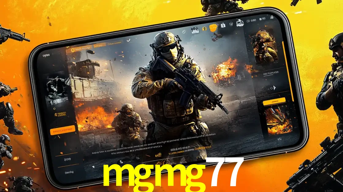 Um smartphone exibindo a interface de um jogo de tiro em primeira pessoa, com um soldado em um cenário de batalha, representando a ação dos e-sports para apostar no mgmg77.
