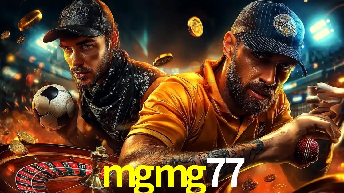 Montagem de apostas esportivas e cassino no mgmg77, com um homem segurando uma bola de futebol e outro uma de beisebol sobre uma roleta e moedas voadoras.