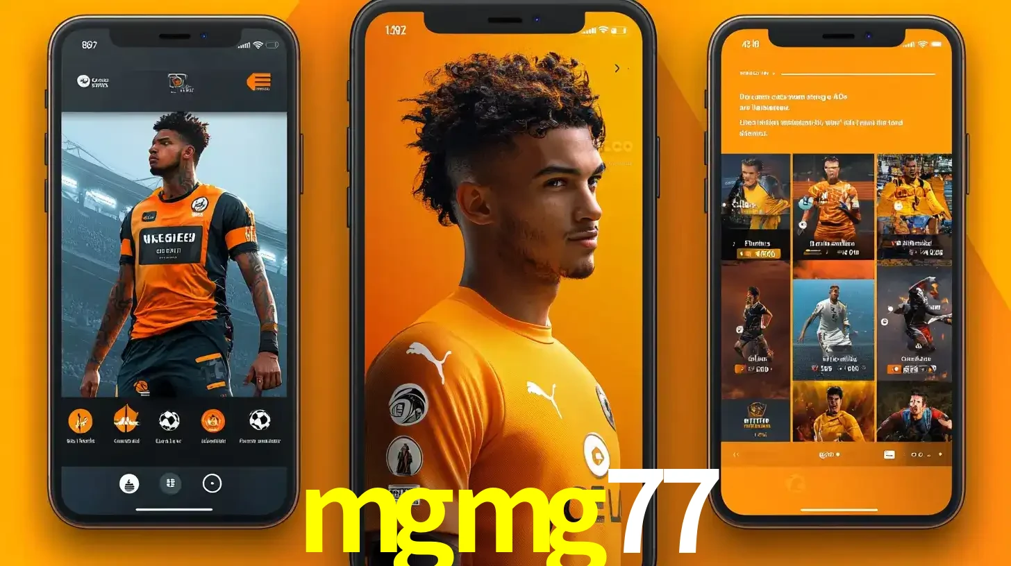 Interface do aplicativo de apostas esportivas mgmg77 em três telas de celular, mostrando o perfil de um jogador de futebol e a lista de jogos disponíveis para apostar.