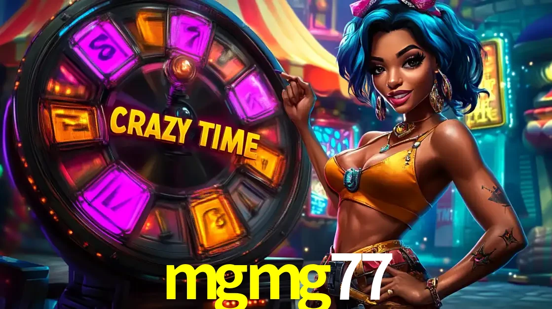 Mulher estilizada com cabelo azul e visual vibrante posando ao lado da roda de prêmios do game show Crazy Time, convidando para a diversão e os bônus do cassino mgmg77.