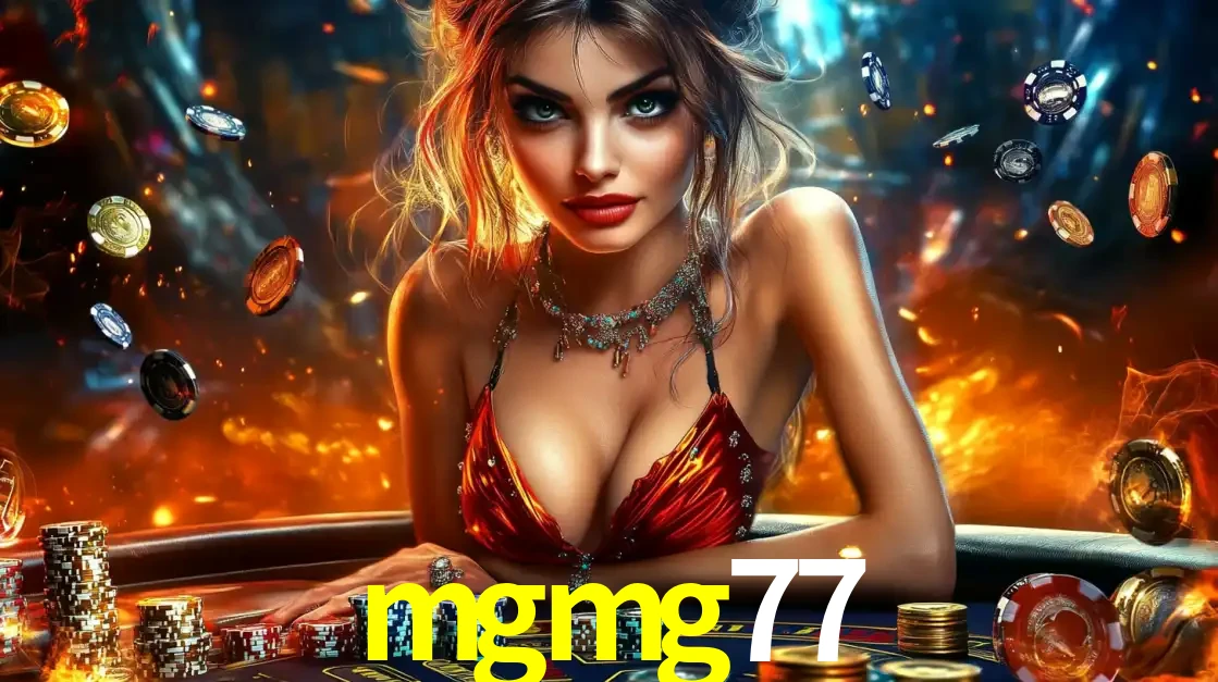 Mulher em uma mesa de cassino com pilhas de fichas e um fundo de fogo, pronta para uma rodada de altas apostas nos jogos de mesa emocionantes do cassino mgmg77.