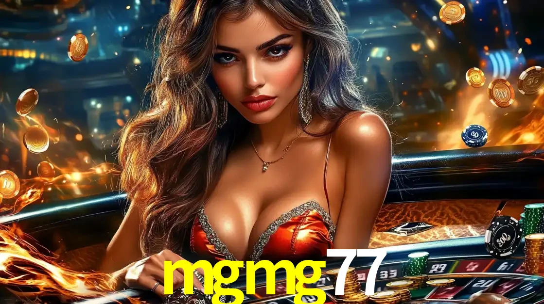 Mulher glamourosa em uma mesa de roleta com um fundo de chamas e moedas voadoras, pronta para fazer sua aposta e ganhar grandes prêmios no cassino ao vivo mgmg77.