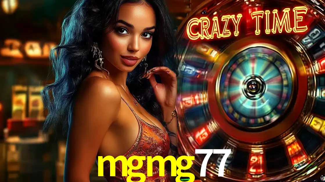 Mulher elegante ao lado da vibrante roda da fortuna do jogo de cassino ao vivo Crazy Time, um dos game shows mais populares e cheios de prêmios do mgmg77.