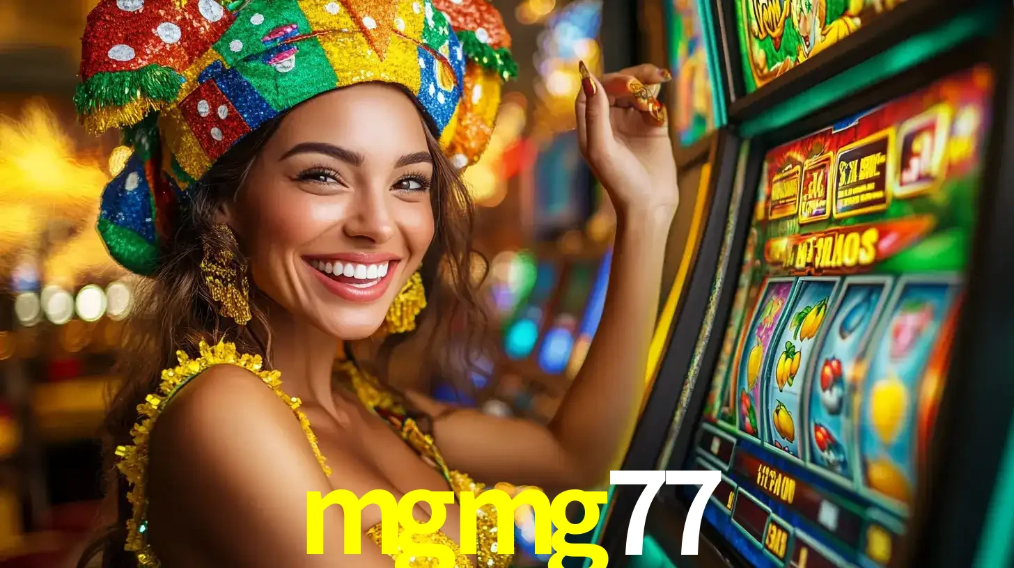Mulher feliz com traje de carnaval amarelo e colorido ao lado de uma máquina de caça-níqueis, aproveitando a diversão e os jogos temáticos do cassino mgmg77.