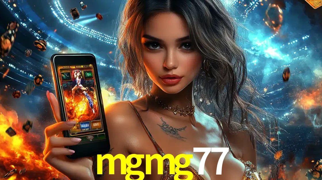 Mulher segurando um celular com um jogo de slot em destaque, tendo como fundo um estádio vibrante, simbolizando a emoção de jogar no cassino móvel mgmg77.