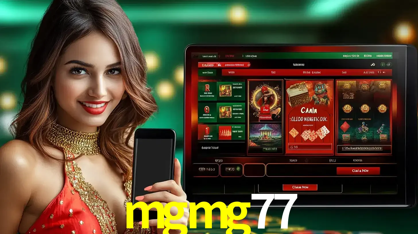 Mulher sorridente segurando um smartphone, ao lado de uma tela exibindo o lobby de jogos do cassino online mgmg77, com várias opções de jogos de cartas e slots.